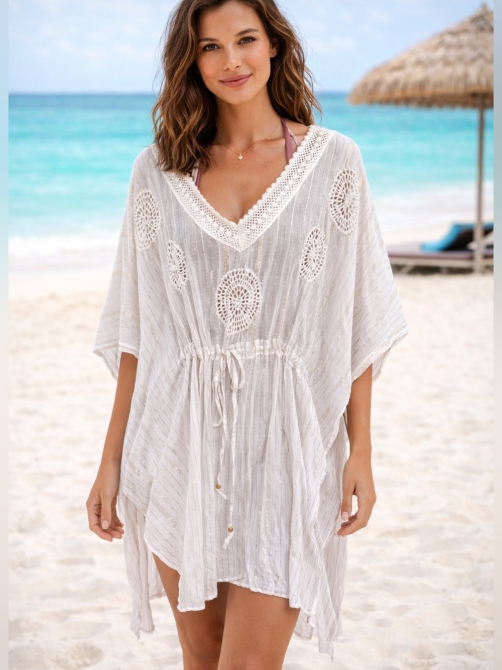 Lightweight White Crochet-Accent Drawstring beach cover up- never worn